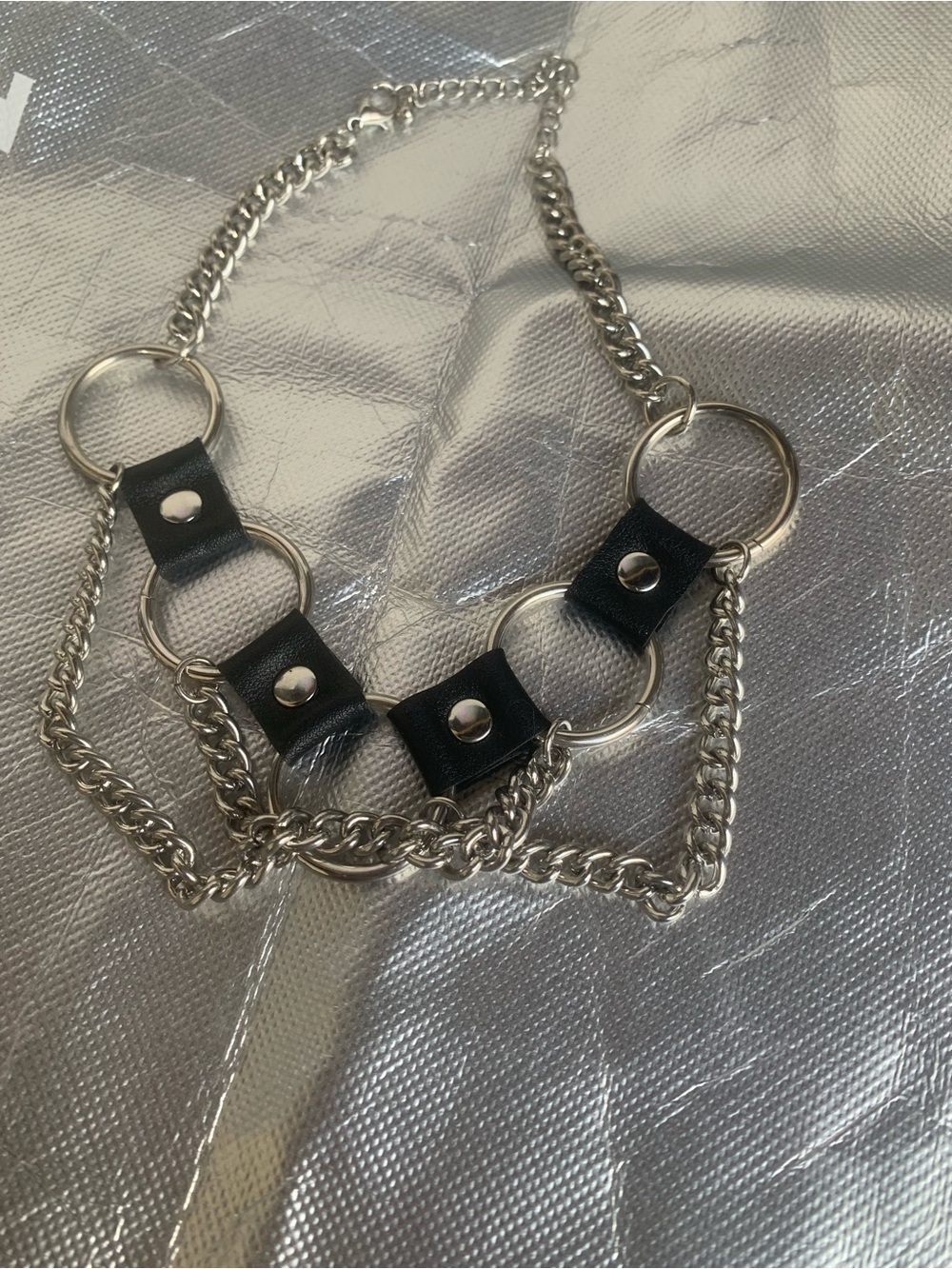 Black Leather & Silver Ring Chain Necklace